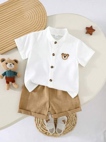 2pcs Baby Boy Fashion Minimalist New Style Bear Pattern Mandarin Collar Short Sleeve Patch Shirt + Cuffed Shorts Set, Casual Outdoor Summer Outfit