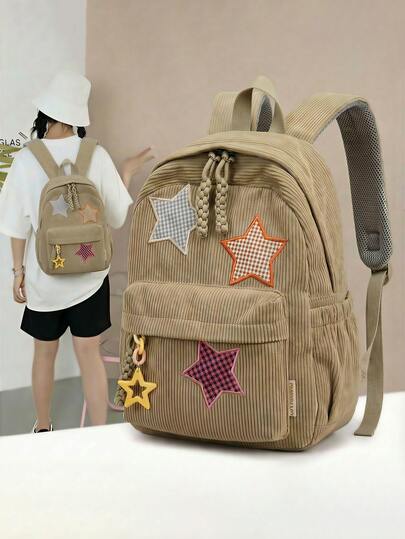 Mochila Escolar de Pana con Estrellas para Mujer y Adolescentes, Mochila de Gran Capacidad con Múltiples Bolsillos, Diseño Cute y Moderno, Ideal para Escuela, Universidad, Viajes y Uso Diario
