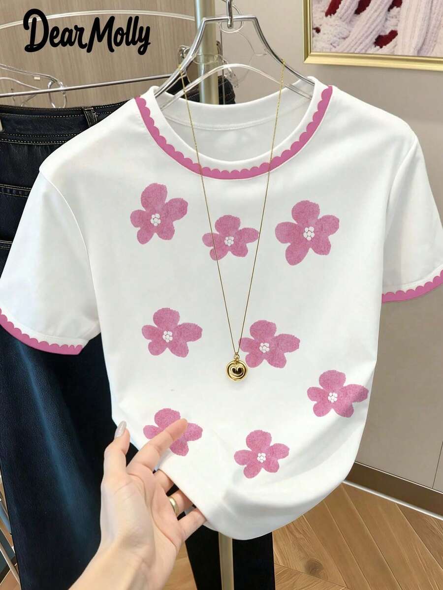 DEAR MOLLY 花卉珍珠印花圆领仿珍珠数码印花女式条纹撞色T恤，适合休闲外出，甜美可爱，夏季必备 - 彩色 - 查看 1