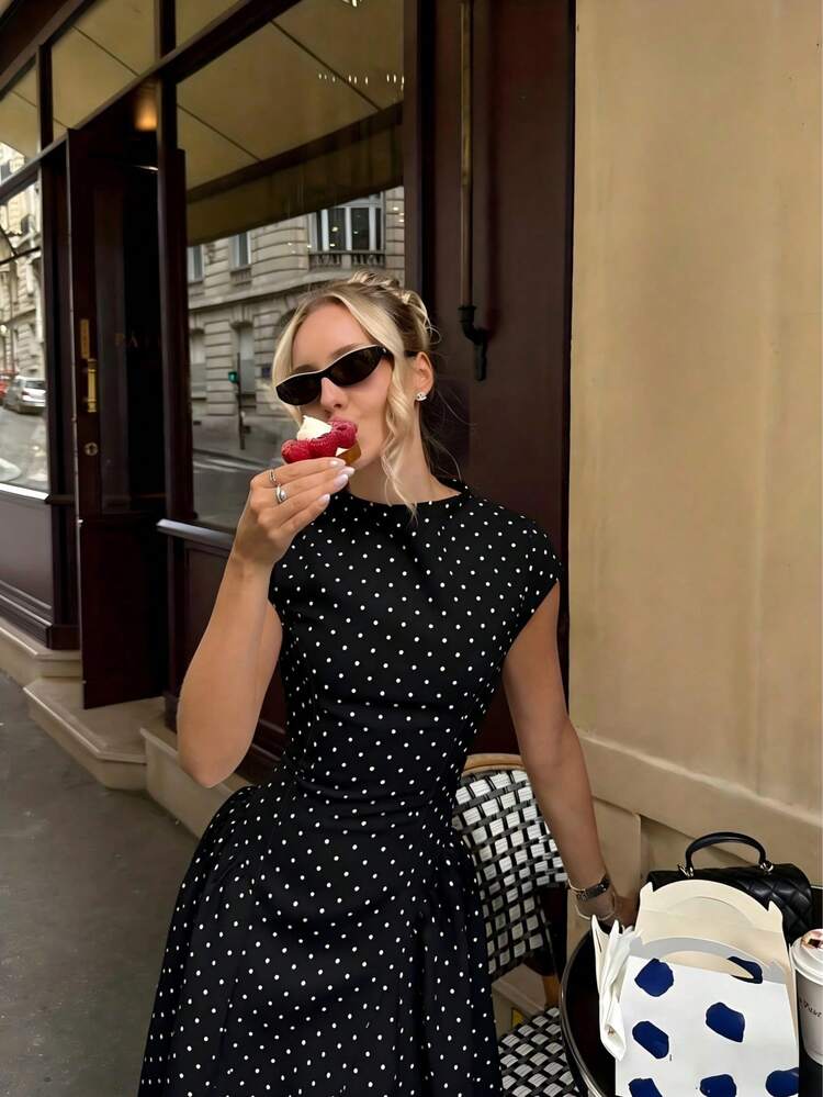 Lightweight, Non-Stretch All-Over Allover Print Patchwork Casual Party Elegant Loose Dress, Suitable For Holidays And Occasions Black Summer - Black - View 3