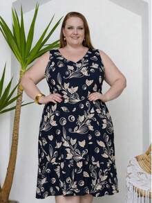 Women's Plus Size Tank Dress In Printed Viscose Linen Fabric, Casual, Vacation Style - màu đen - Xem 1