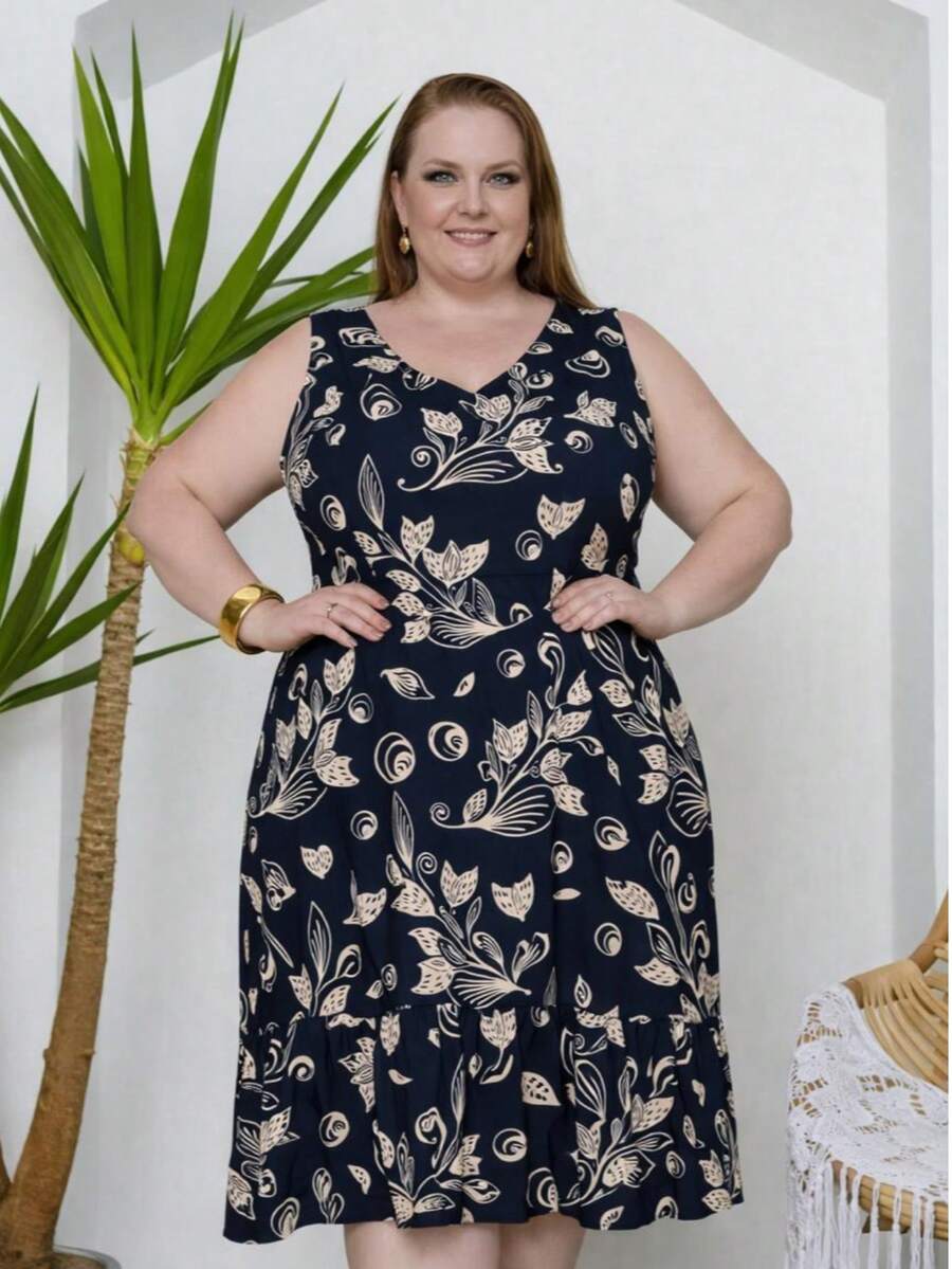 Women's Plus Size Tank Dress In Printed Viscose Linen Fabric, Casual, Vacation Style - màu đen - Xem 1