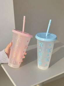 1pc/5pcs/10pcs 24oz Powder Blue Bow Tumbler With Lid And Straw, Reusable, Cute Transparent Cup, Suitable For Birthday, Wedding And Party Supplies, Reusable With Pink Ribbon, Summer Beverage Cup, Suitable For Birthday, Wedding And Party Supplies, Perfect For Party, Drinking, Coffee, Also Suitable For Mother's Day, Wedding, Birthday, Bachelorette Party Or As A Gift - Multicolor - View 4