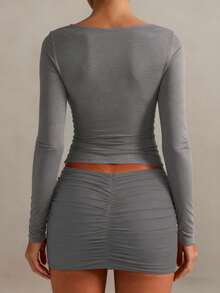 XLLAIS Plus Size Women Solid Color Casual Long Sleeve Crew Neck Sexy T-Shirt, Spring - Grey - View 3