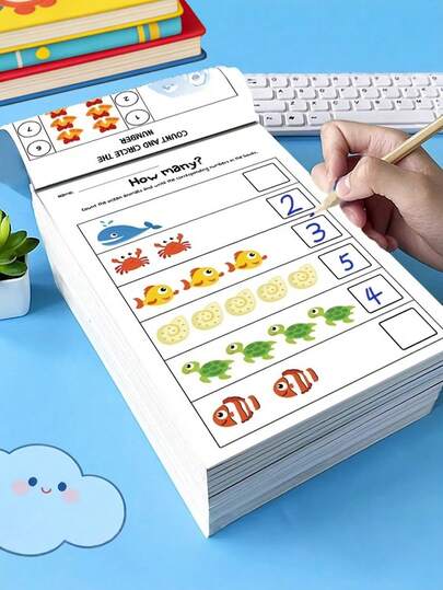 64 Pages Fun Math Practice Book,The Book Contains Elements Of Transportation, Forest Animals, Marine Animals, And Fruit Plants To Facilitate Quick Identification By Parents/Educators. It Is Suitable For Home Early Childhood Digital Cognition Enlightenment, Schools, Students, Stationery, School Supplies, And Back-To-School.