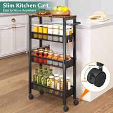 Utility Slim Storage Cart With Wheels, 4 Tier Small Rolling Cart With Wood Top, Metal Kitchen Bathroom Laundry Room Organization Trolley With Handle For Narrow Space – Black - màu đen - Xem 8