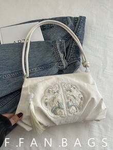 女士中国风刺绣单肩包，时尚褶皱云朵设计，优雅斜挎包 - 白色 - 查看 1