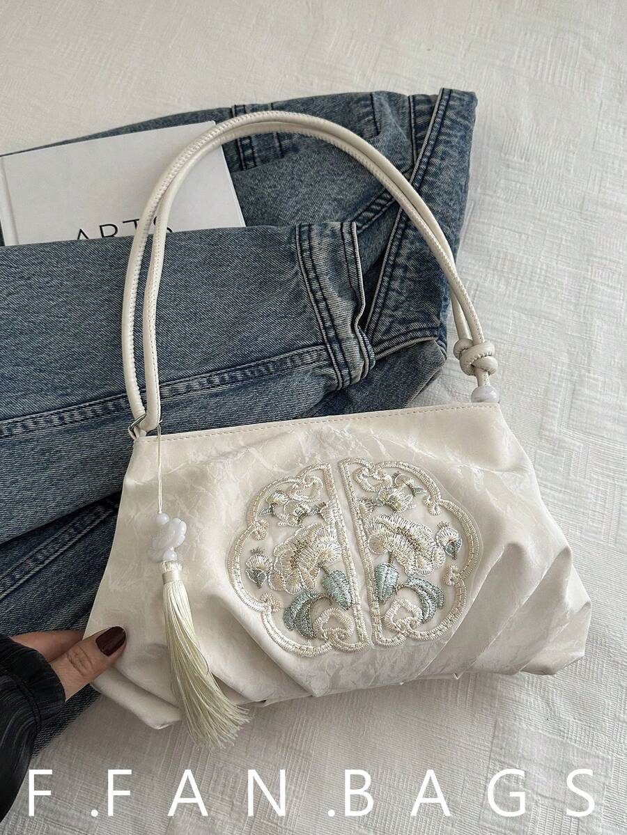 女士中国风刺绣单肩包，时尚褶皱云朵设计，优雅斜挎包 - 白色 - 查看 1