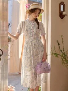 Simple Retro Đầm nữ mùa xuân/hè tay ngắn, xếp ly, phối màu tương phản, họa tiết hoa, màu trắng, lãng mạn, thanh lịch, kiểu retro, ôm sát, dài ngang gối. - Xem 4
