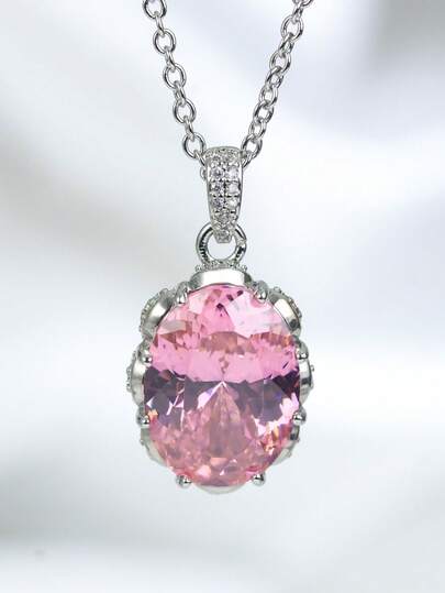1 pieza Collar con colgante de diamante ovalado rosa de plata S925, la piedra principal es un diamante ovalado rosa degradado de alto brillo, con un broche decorado con diamantes + un diseño minimalista de plata, un estilo elegante y brillante, adecuado para citas, fiestas ligeras y uso diario, también es un gran regalo para ocasiones festivas