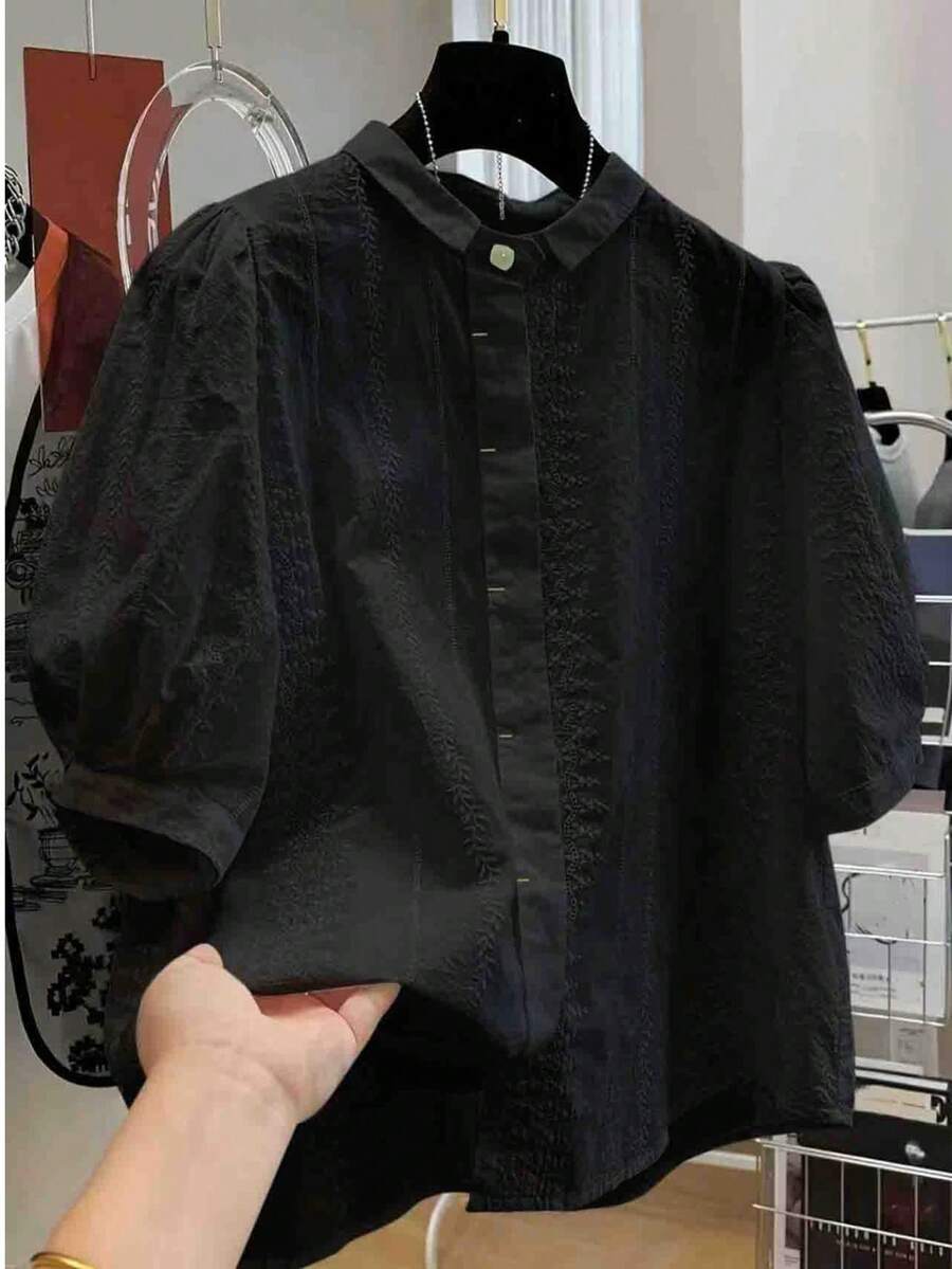 女士简约花卉图案前开襟衬衫，夏季黑色 - 黑色 - 查看 1