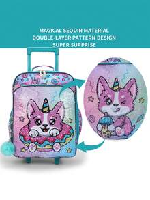 BLING BABIES Children's Suitcase, With Wheels, Sequin Material, Double Green Cute Puppy Pattern, With Glow-In-The-Dark Function, Elementary School Carry-On Suitcase, Suitable For Weekend Vacation, Travel - Green - View 3