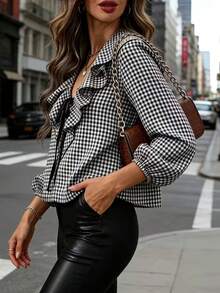Women's Elegant V-Neck Vintage Plaid Color Block Bow Lantern Sleeve Loose Blouse, Summer Spring - Black and White - View 2
