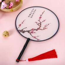 2 Pack Chinese Round Fan Ancient Hand Fans Translucent Silk Hand Held Fans Vintage Double-Sided Pattern Pink Blue Traditional Palace Paddle Dance Fan For Wedding Favor Gift Home Decor - 藍色 - 查看 2
