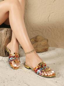 2cm Low Heel Metallic Woven Strap Slide Sandals, Bohemian Style Casual Beach Slippers For Summer - Gold - View 1