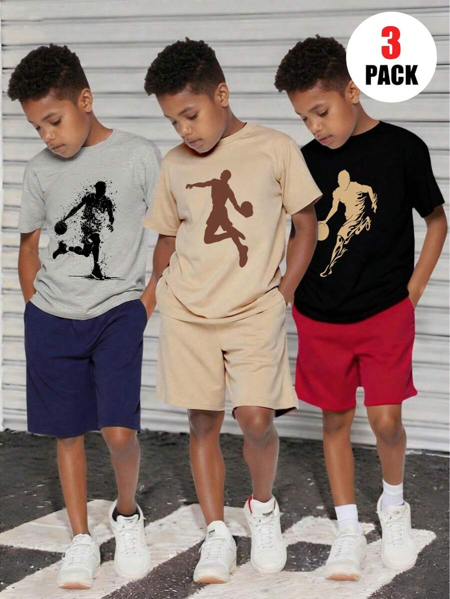 3pcs Basketball Themed Print Sports T-Shirts, Suitable For Boys Casual Wear, Suitable For Spring/Summer, Basketball Graphic Round Neck Short Sleeve, Activewear For Teens - Multicolor - View 1