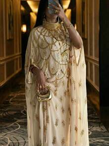 Elegant Pearl Embroidered Batwing Sleeve Long Abaya With Stand Collar - Apricot - View 11