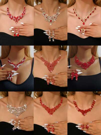 3pcs/Set Bohemian Vintage Style Synthetic Red Rhinestone Jewelry Set - Silver-Plated Alloy Earrings - December Birthstone Fashion Set, Suitable For Banquets, Weddings, And Special Occasions