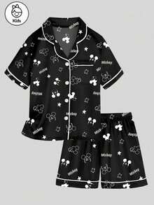 Disney Bộ đồ ngủ 2 mảnh in hình hoạt hình chuột  dành cho bé gái tuổi teen, kiểu dáng dễ thương, thoải mái, đa năng, tay ngắn, cạp chun, quần short, chất liệu mềm mại, thoáng khí như lụa, phù hợp mặc ở nhà trong mọi mùa. - màu đen - Xem 1