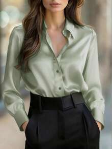 Women's Solid Color Button-Up Shirt, Casual Wear Spring - Mint Green - View 4