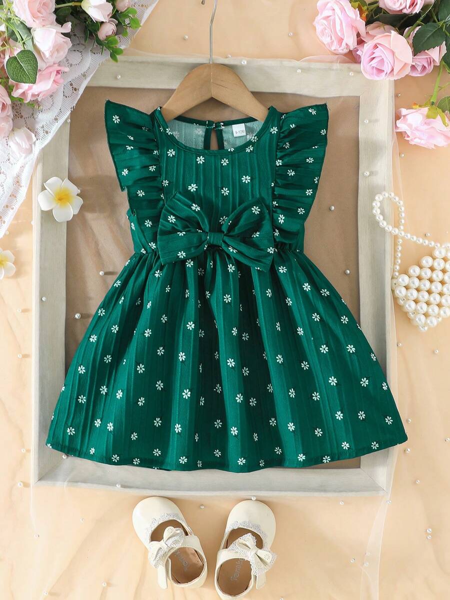 Vestito multicolore a margherite per bambine, senza maniche con grande fiocco, outfit carino per bambine - Verde Scuro - Visualizzare 1