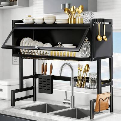 HanTai Over The Sink Dish Drainer Drying Rack 3 Tier Over Sink Dish Rack For A Tidy Kitchen Sink Shelf Organized Space-Saving Dish Rack With Cover For Dishes, Glasses, Bowls, And Cutlery