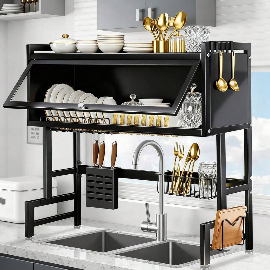HanTai Over The Sink Dish Drainer Drying Rack 3 Tier Over Sink Dish Rack For A Tidy Kitchen Sink Shelf Organized Space-Saving Dish Rack With Cover For Dishes, Glasses, Bowls, And Cutlery - 黑色 - 查看 1
