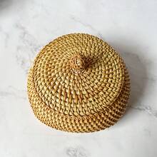 1pc Handmade Rattan Storage Box With Lid, Organizer Box, Small Box, Chess Piece Box, Candy Box, Jewelry Box, Natural Plant Rattan Crafts - Upper Circle and Lower Box - View 8