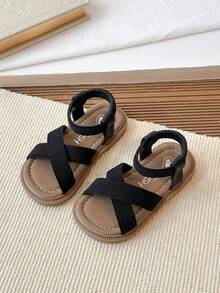 Girls' Elastic Band Slip-On Flat Sandals, Children Flat Shoes For Beach - Black - View 3