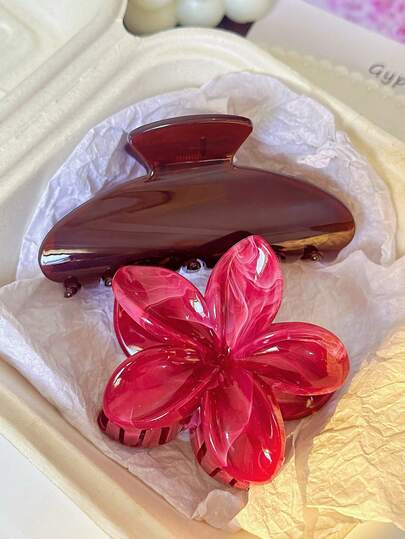 2pcs/1pc Women Chocolate Shell Claw Clips, Red Tie Dye Daisy Flower Claw Clips Combo, Fashionable Hair Claw Hair Accessories, Elegant Minimalist Solid Color Hair Claws, Suitable For Daily, Casual, Party, Beach, Vacation, Hairstyling, Washing Hair, Makeup, Outfit Accessories, Autumn/Winter/Spring/Summer