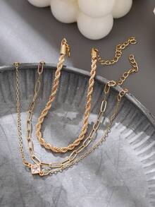 3pcs Alloy Bracelets - Twisted Rope Chain, Safety Pin Chain, Cube Zirconia Decor Mixed Style Bracelets, Suitable For Daily Wear - Yellow Gold - View 4