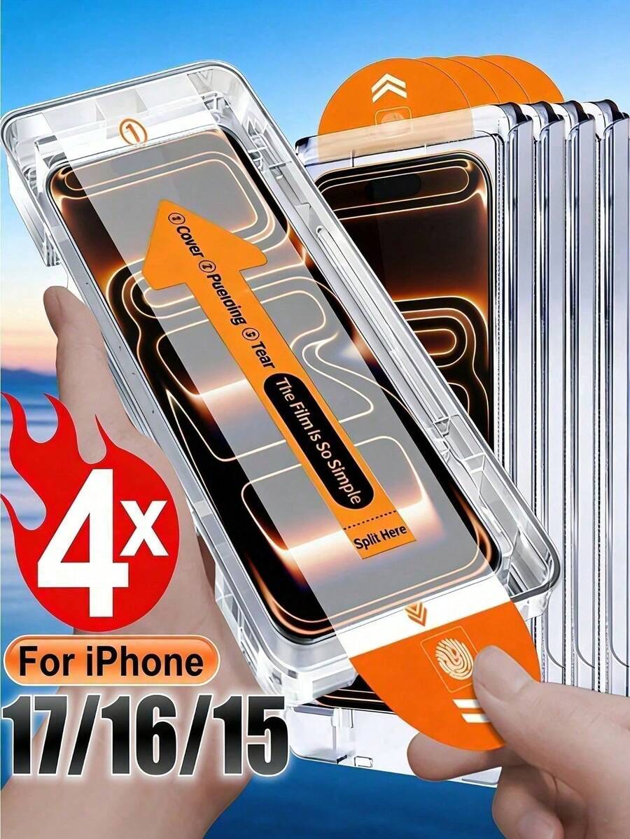4 buah Pelindung Layar Kaca Tempered Definisi Tinggi Pemasangan Bebas Debu Sekali Klik Kompatibel dengan iPhone 18 17 Pro Max 16 15 14 Plus 13 12 11 Series 9H Cetak Sutra Aluminium Tinggi Kekuatan Tinggi Pelindung Layar Anti-Ledakan Anti-Gores Anti-Debu Bebas Gelembung Dengan Jaring Debu Earphone Penyerapan Otomatis Pemasangan Mudah Film Pelindung