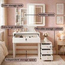 Makeup Vanity Desk With Mirror And Lights, Vanity Table With LED Lighted Mirror & Nightstand, Dressing Table, Large Storage Drawer & Cabinet For Bedroom - 白色 - 查看 4