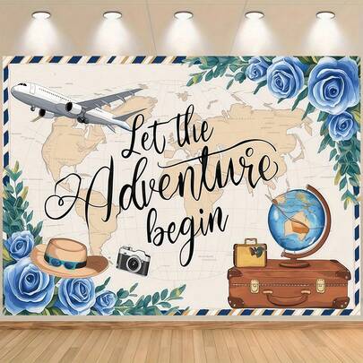 لافتة حفلة ذات موضوع السفر - "دع المغامرة تبدأ" ديكور الحائط، تتميز بتصميم الطائرة والحقيبة والكاميرا والكرة الأرضية، مناسبة لديكور الغرفة وديكور الأحداث الخارجية وخلفية الصور الفوتوغرافية والهدية المثالية وديكور الاستوديو، ضروري لتخطيط الأحداث