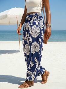 Women's High Waist Wide Leg Paisley Print Casual Pants, Ankle Length Trousers (YY1177) - Navy Blue - View 6