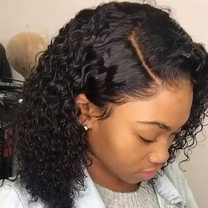 4x4 波波头蕾丝前置真人发假发，深波浪卷，180% 密度，透明蕾丝前置，预先拔毛，女士款