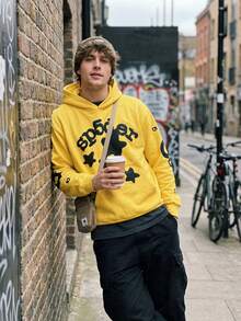 1pcs-Spider Wed Fashion Hip-Hop Printed Flower Hooide European And American Brand Large-Sized Loose Men's And Women's Hooded-280g Pure Heavy 100%Polyester - Yellow - View 3