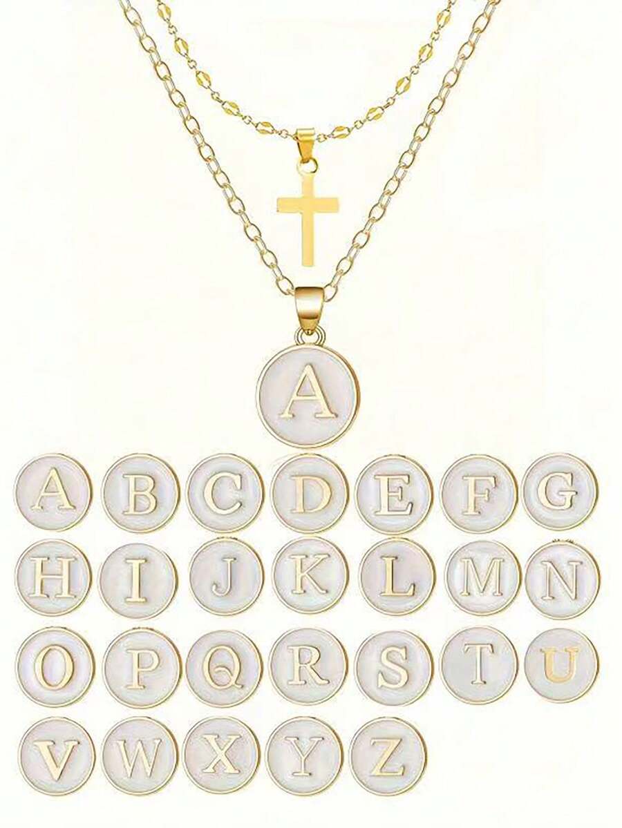 18K Golden Plated Stainless Steel Initial Letter & Cross Pendant Necklaces 2 Packs Set, Elegant Layered Script Letters, Daily & Vacation Wear, Thanksgiving Gift, All Seasons - No Mosaic Material - Gold - View 1