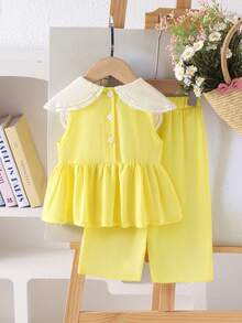 2pcs Baby Girls Vacation Dopamine Floral Ruffle Sleeveless Top And Long Pants Set, Summer - Yellow - View 2