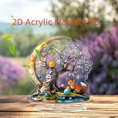 2D Acrylic Desktop Easter Decoration Of A Rabbit And A Fox Under The Moon Easter Egg Tree For Ramadan
