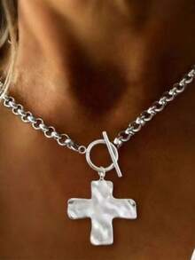 1pc Minimalist Fashionable Gold/Silver Hammered Thick Cross Pendant Necklace, With T-Clasp And Stainless Steel Chain, For Women - cross - View 2