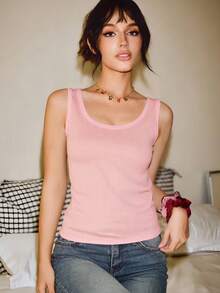 Versatile Pink Round Neck Sexy Minimalist Backless Camisole, Fitted Breathable Casual Sleeveless Top For Women - Pink - View 5