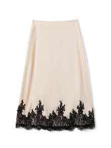 Women Patchwork Lace Mid Skirt Elegant A-Line Mid Rise Skirts For Summer Spring Fall - Champagne - View 1