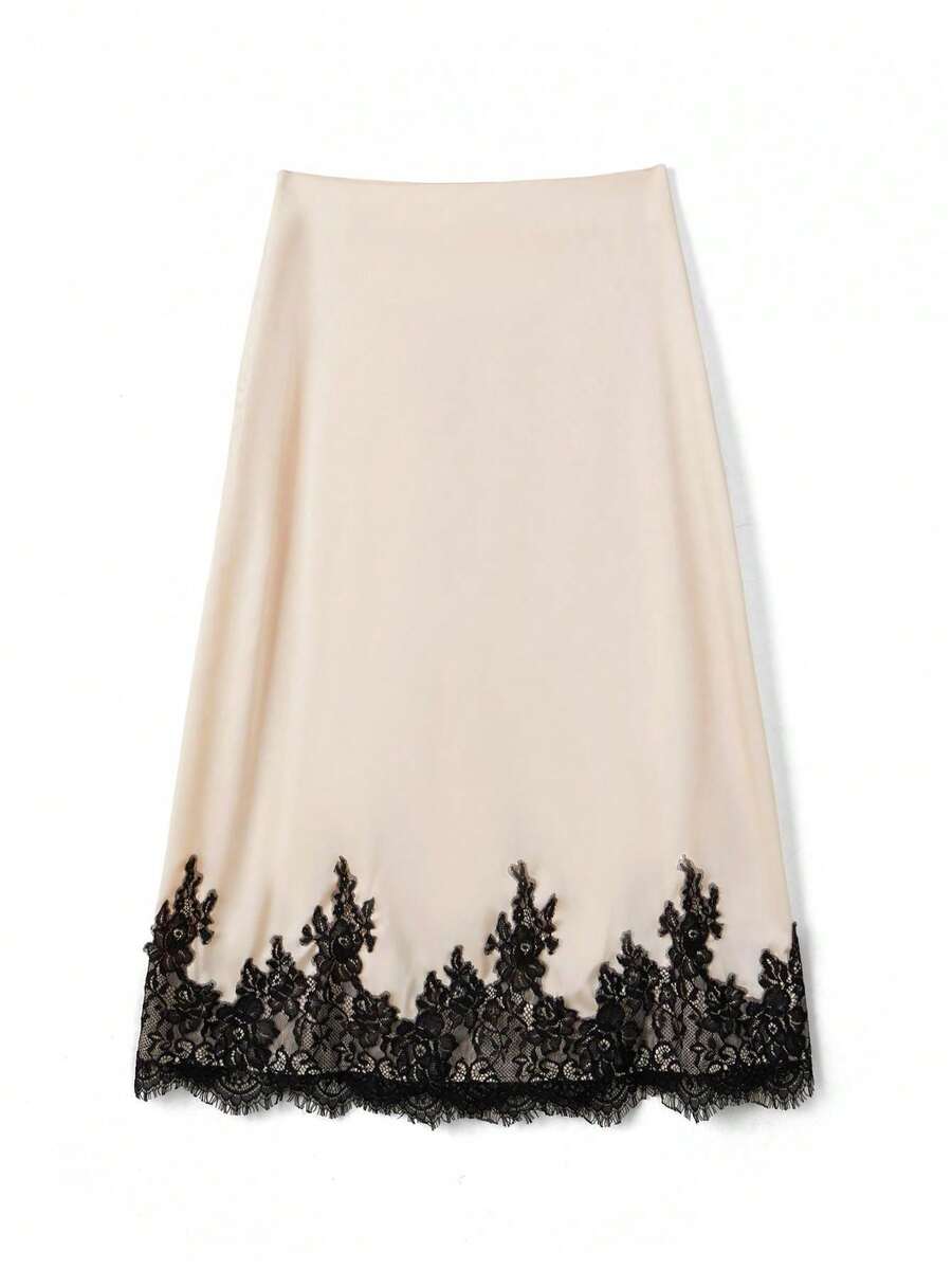 Women Patchwork Lace Mid Skirt Elegant A-Line Mid Rise Skirts For Summer Spring Fall - Champagne - View 1