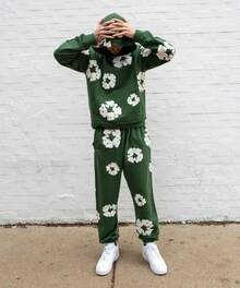 Denim T Gothic Peony Print Sweatsuit Set 2025, Hip Hop Streetwear Oversized Hoodie & Joggers, Y2K Retro Graphic Lounge Set, Unisex Autumn Winter Daily Wear  Spring/Fall  Summer    Loose    Pocket  Drawstring    Halloween  Christmas - Xám - Xem 4