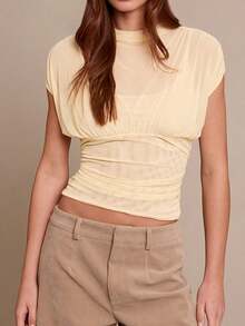 Women's Fashionable Round Neck Sleeveless Cropped Knit Top, Semi-Sheer Fitted Design Summer - Apricot - View 10
