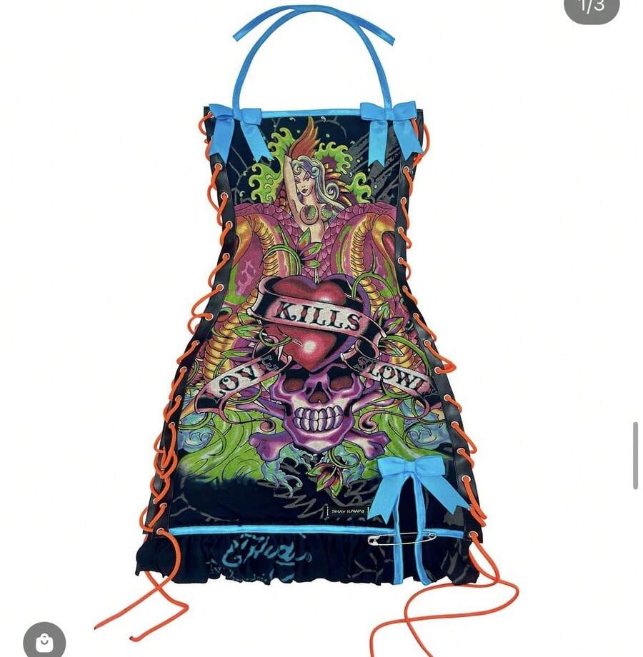 Women's Fashion Retro Halloween Skull Positioning Printing Oil Painting Drawstring Bra Suspender Dress - Màu xanh lam - Xem 1