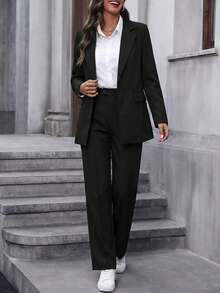 女士纯色长袖西装套装（外套和裤子两件套），适合办公室工作和通勤，黑色 - 黑色 - 查看 3