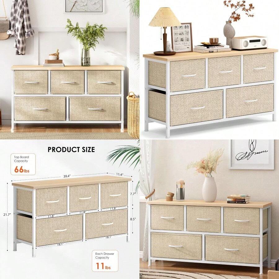 5-Drawer Dresser 2-Tier Chest Of Drawers Storage Organizer With Fabirc Drawers Entryway Hallway Cabinet With Plastic Handle MapleandWhite 10CZSS106-BM-N - BeigeWhite - View 1