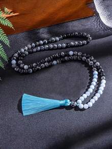 Natural Stone 108 Mala Necklace 8mm Snowflake Obsidian, Aquamarine Boho Style Japamala Rosary Beads Meditation Yoga Spiritual Jewelry For Women Men - Multicolor - View 7